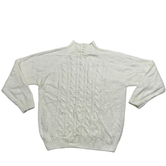 Vintage Sweaters - VTG Miranda Ivory White Mock Neck Sweater Pearl Buttons Vintage Knit Sz XL
